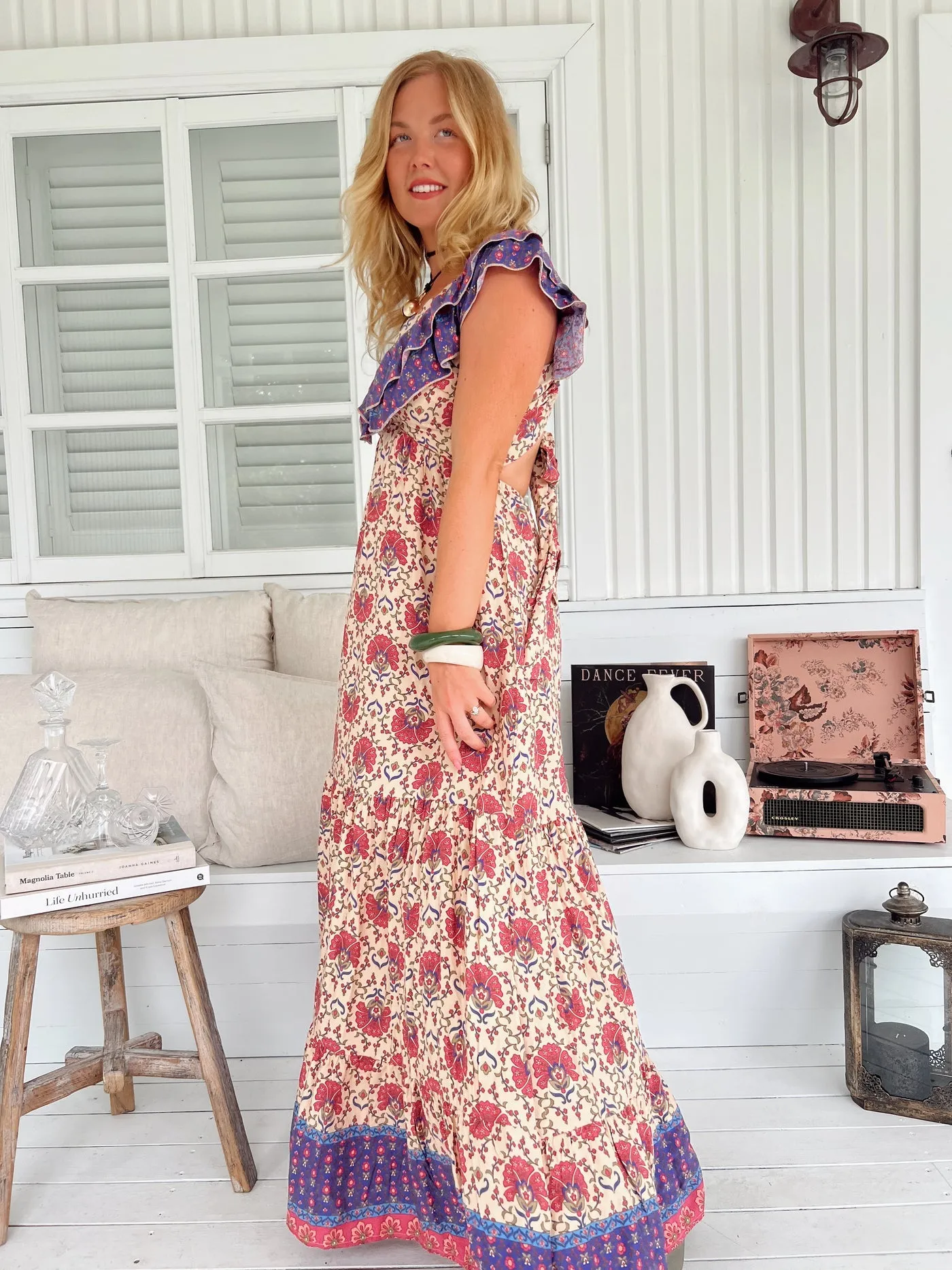 Jaase Ema Maxi Dress with Frilled V Neck Tie Back Full Skirt - Bohemia