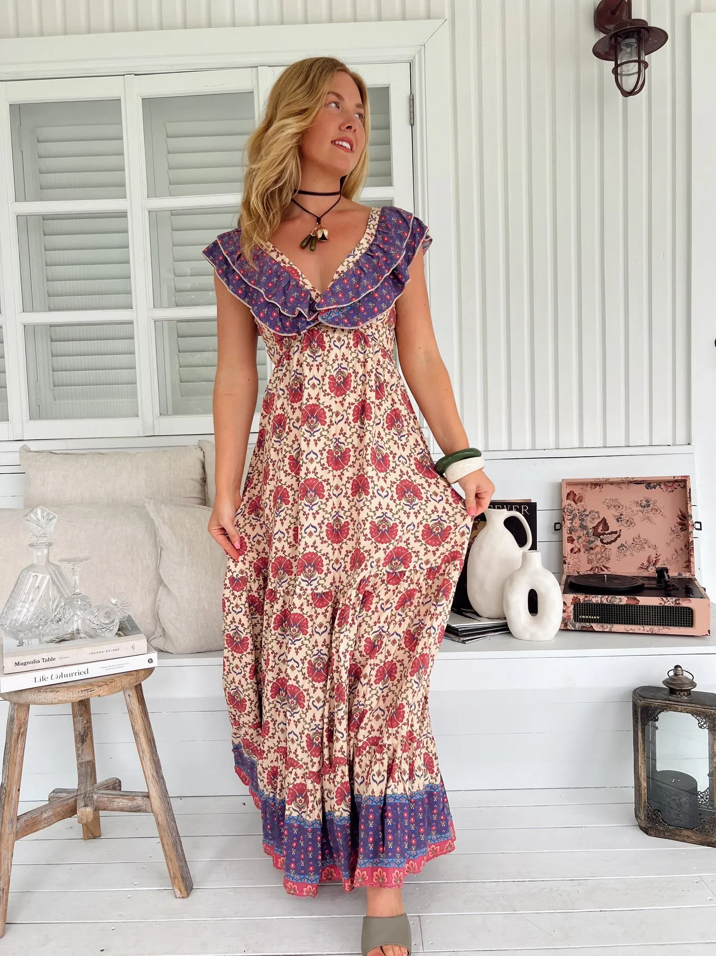 Jaase Ema Maxi Dress with Frilled V Neck Tie Back Full Skirt - Bohemia