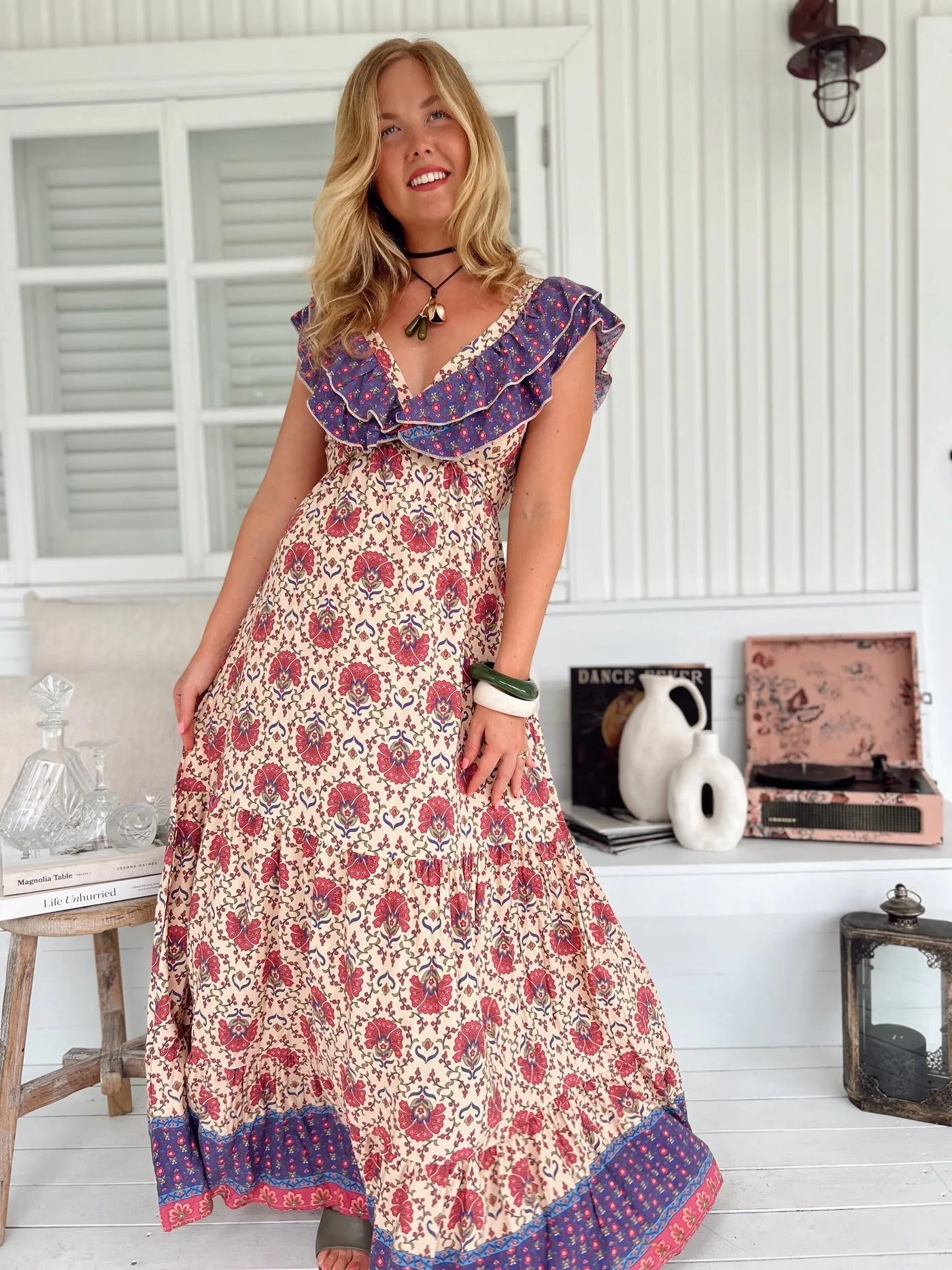Jaase Ema Maxi Dress with Frilled V Neck Tie Back Full Skirt - Bohemia