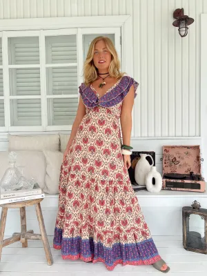 Jaase Ema Maxi Dress with Frilled V Neck Tie Back Full Skirt - Bohemia