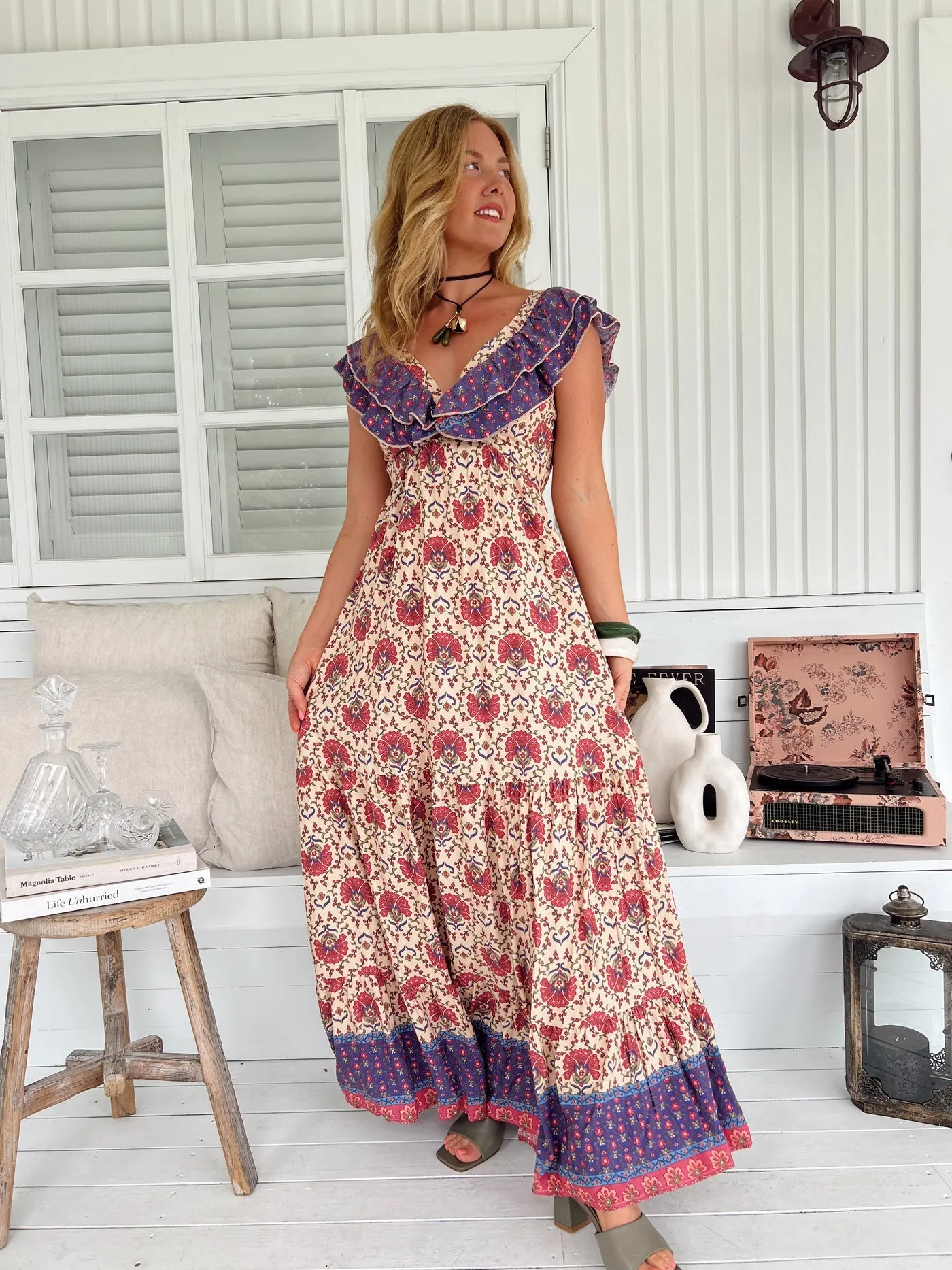 Jaase Ema Maxi Dress with Frilled V Neck Tie Back Full Skirt - Bohemia
