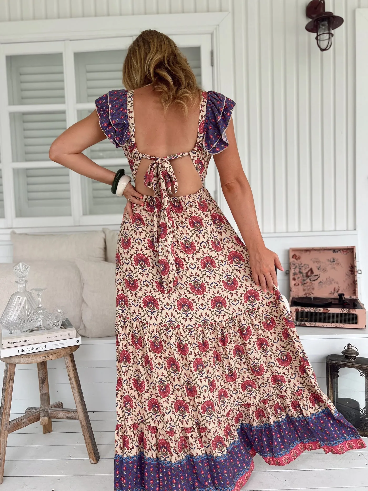 Jaase Ema Maxi Dress with Frilled V Neck Tie Back Full Skirt - Bohemia