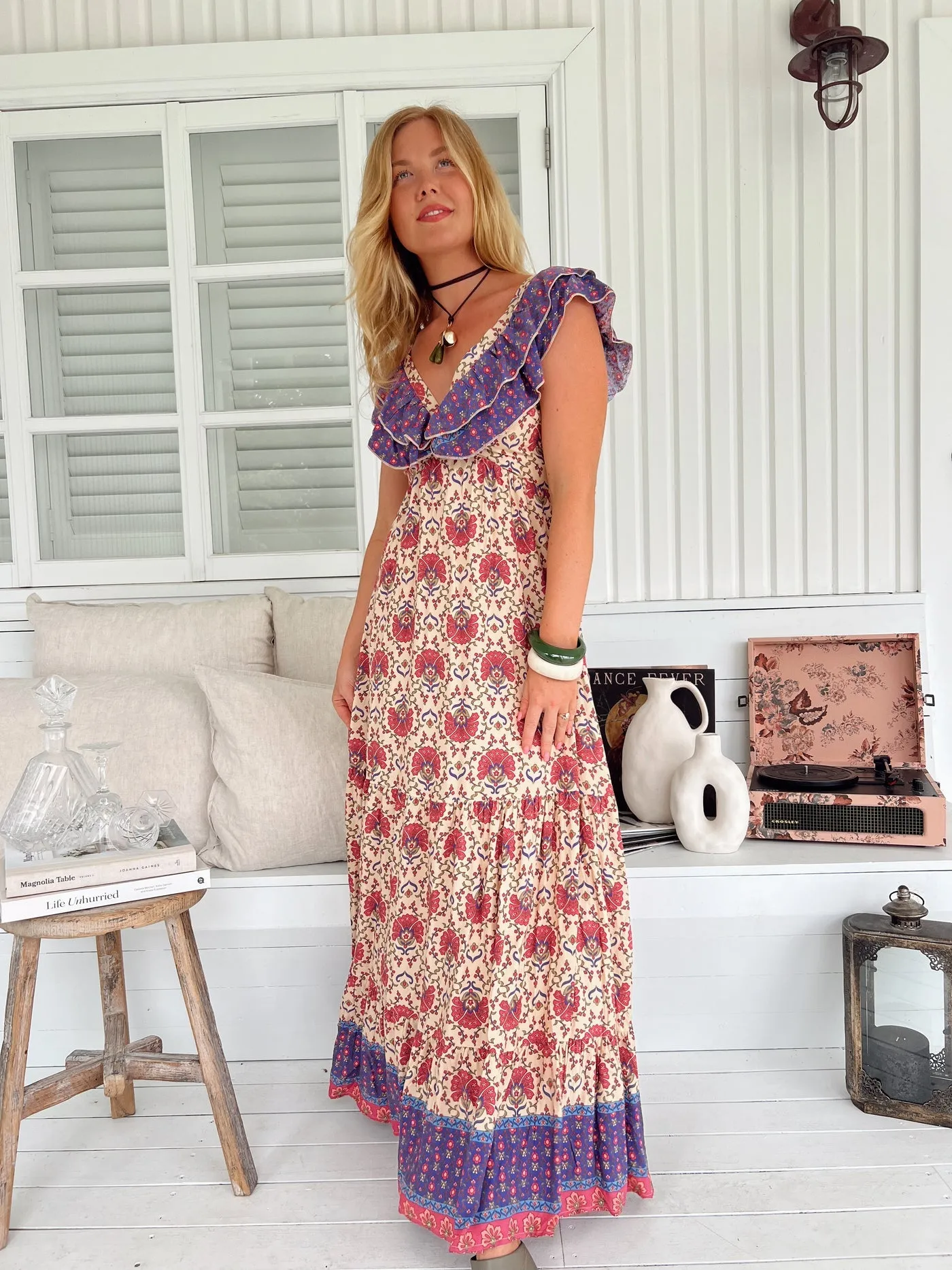 Jaase Ema Maxi Dress with Frilled V Neck Tie Back Full Skirt - Bohemia
