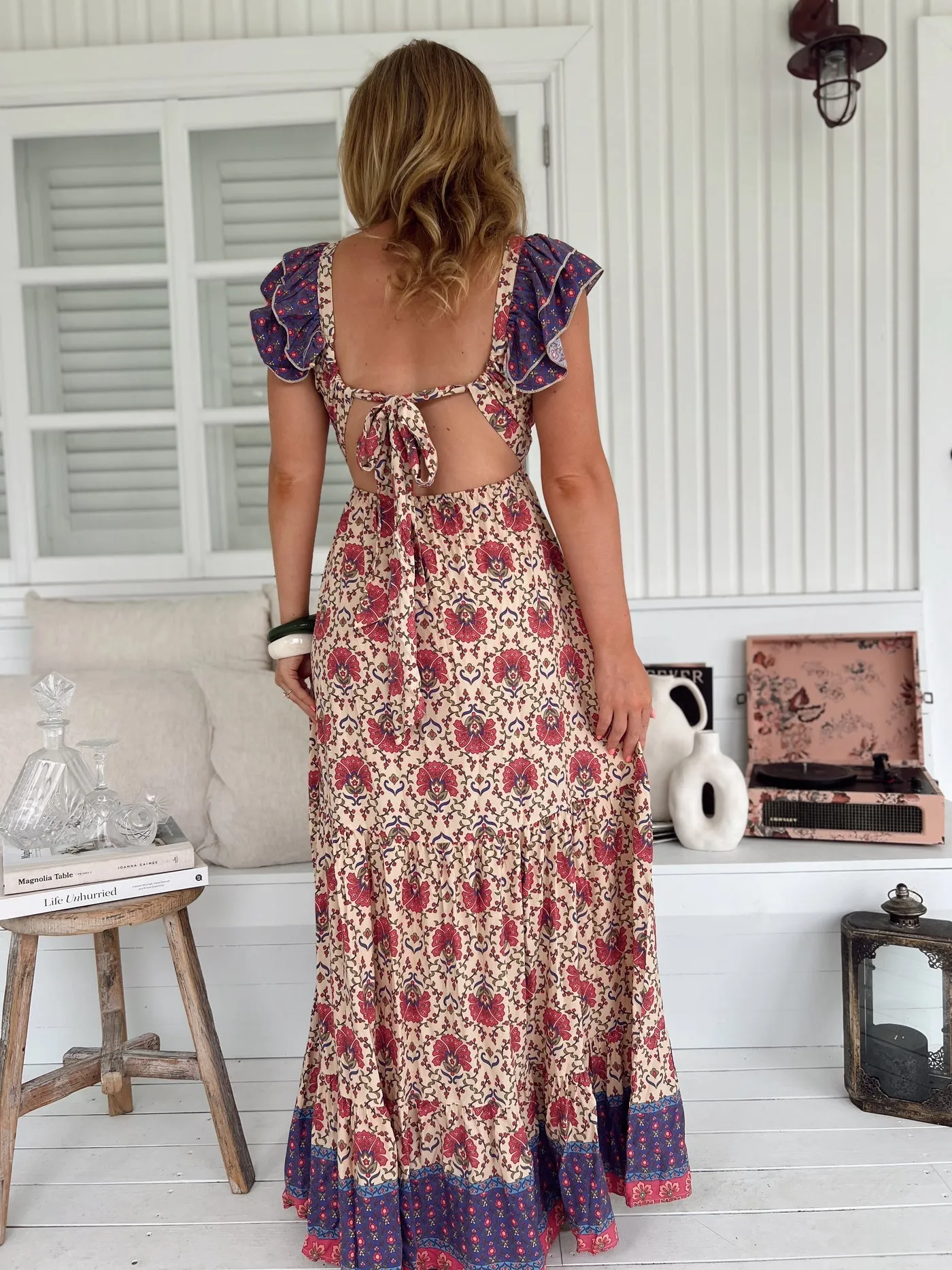 Jaase Ema Maxi Dress with Frilled V Neck Tie Back Full Skirt - Bohemia