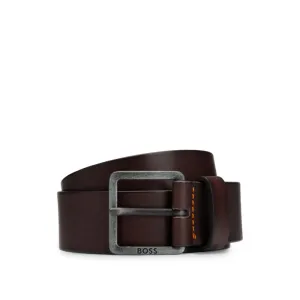 Leather belt with logo and dark ruthenium hardware