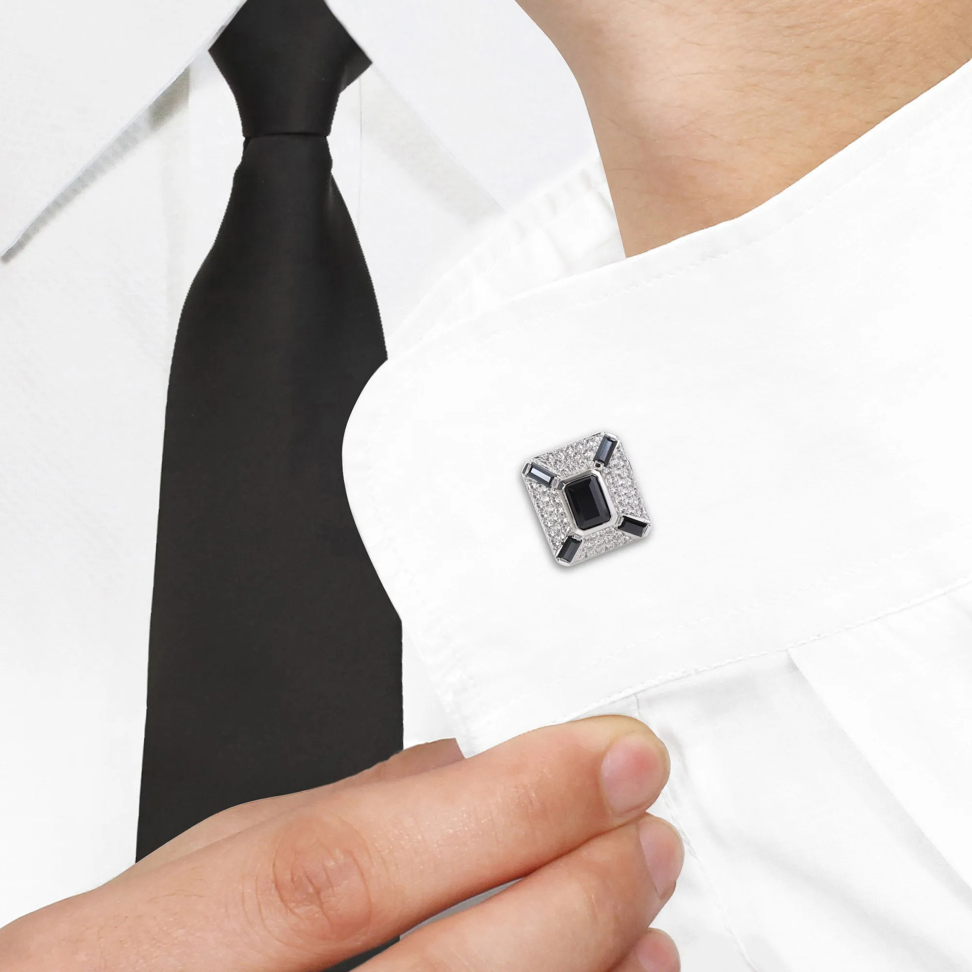 Mimi & Max 5-4/5ct TGW Octagon and Baguette-Cut Created Black Sapphire and White Sapphire Cufflinks in Sterling Silver