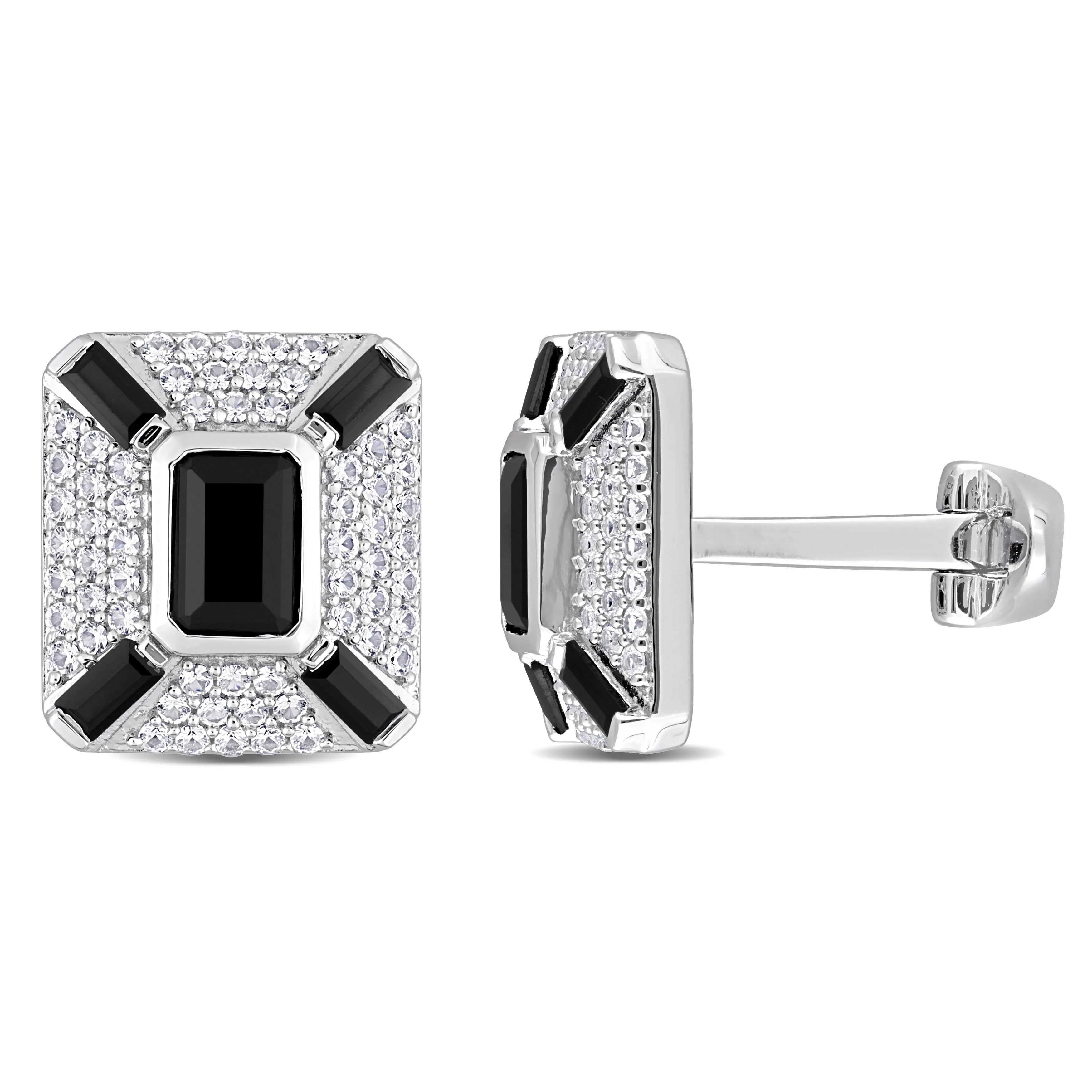 Mimi & Max 5-4/5ct TGW Octagon and Baguette-Cut Created Black Sapphire and White Sapphire Cufflinks in Sterling Silver
