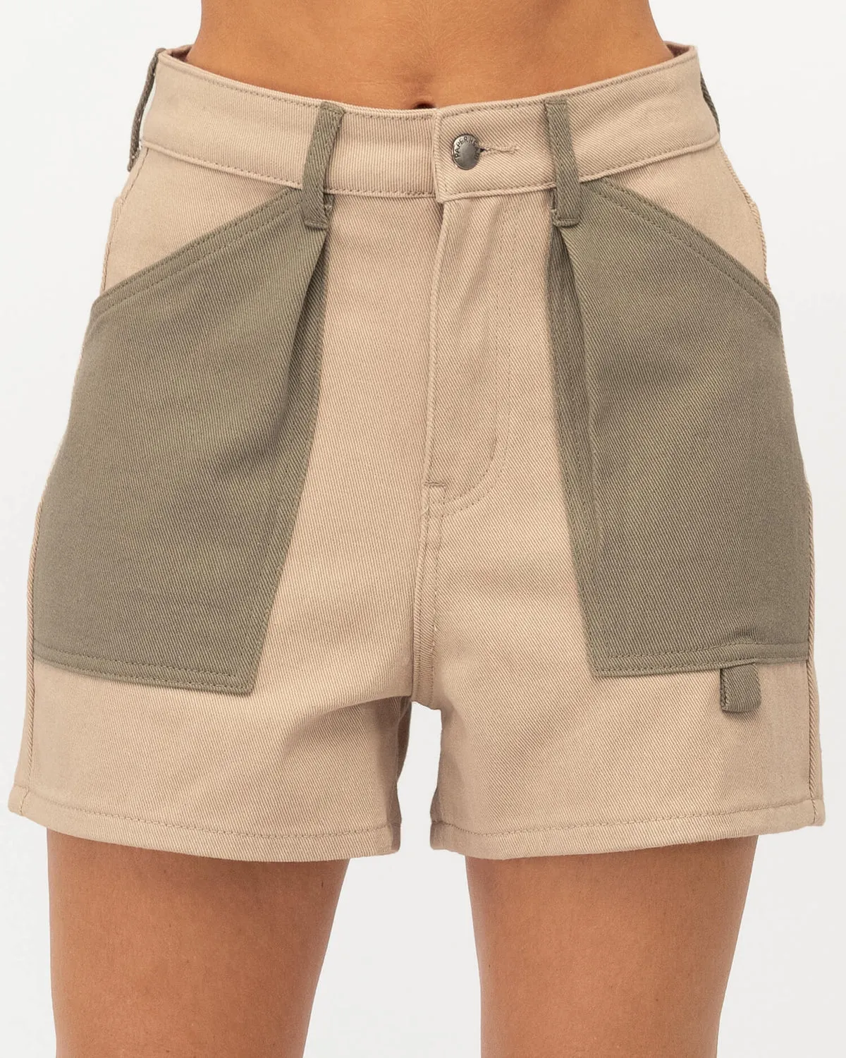Paper Heart Olivia High Rise Two Tone Shorts - Khaki Bone