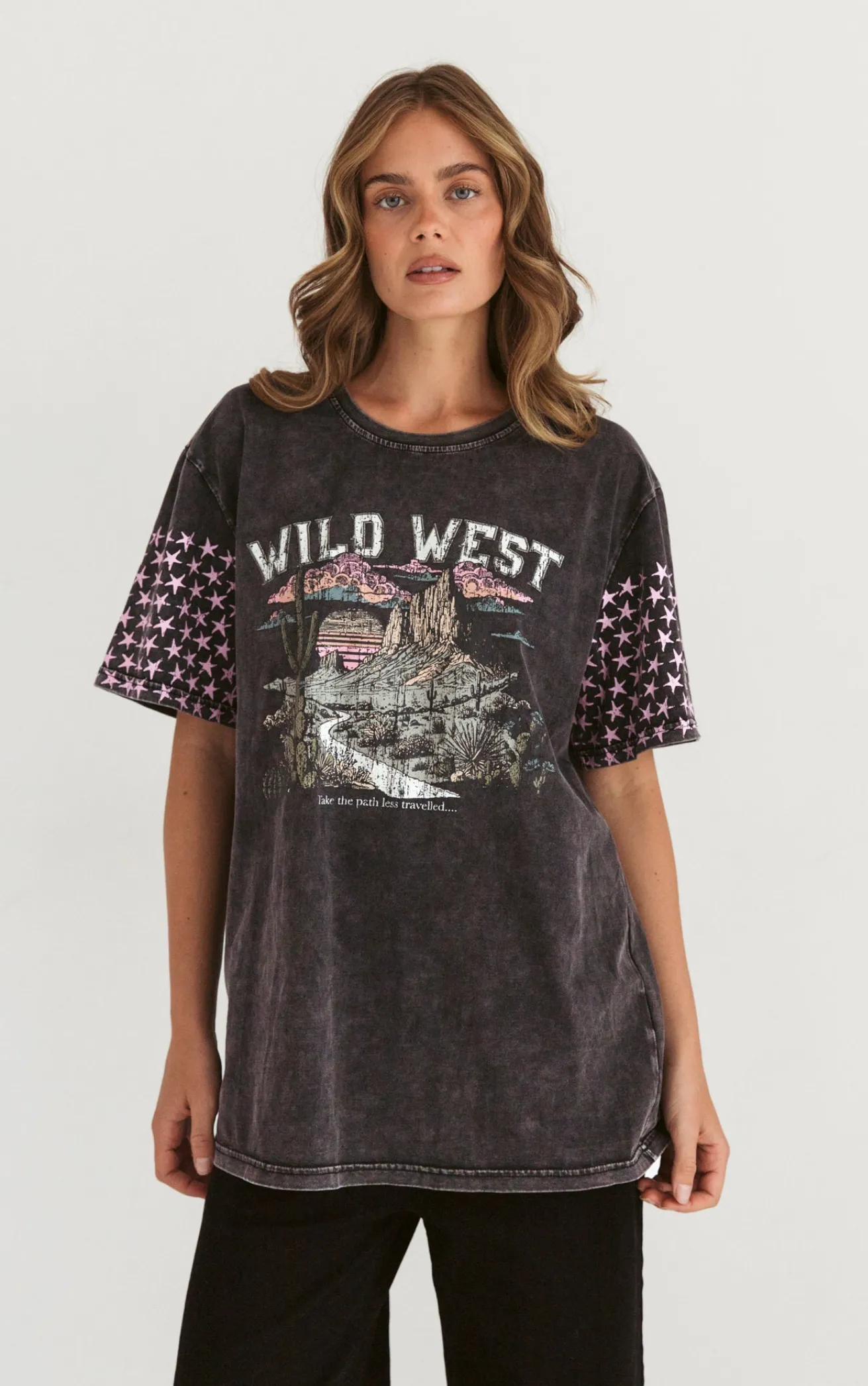 Paper Heart Wild West  Slightly Oversized Vintage T-Shirt - Black Stone Wash
