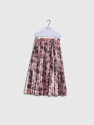 Saia Plissada com Flores em Rosa
