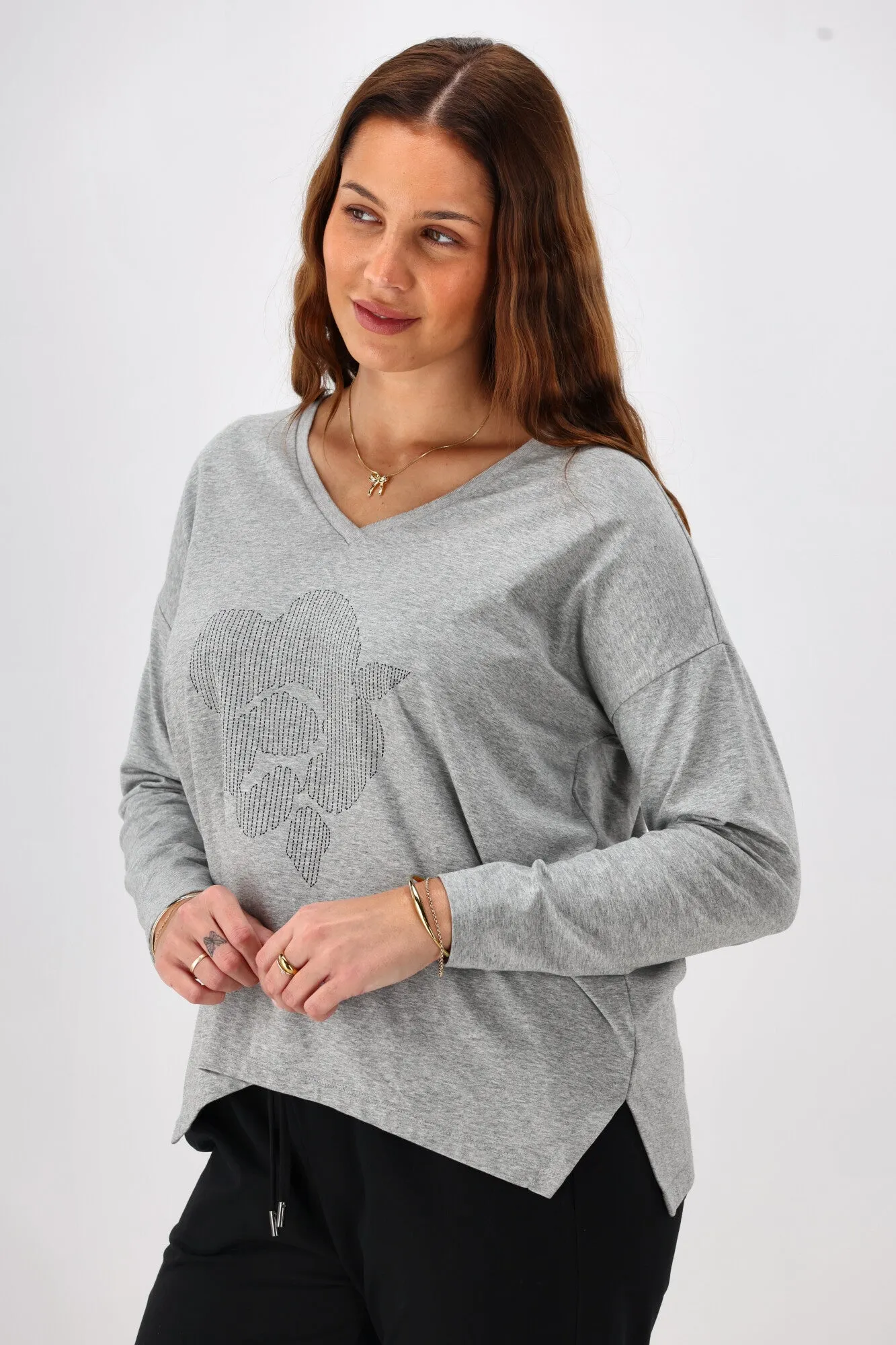 Shine On Label Leith Boxy Oversized V Neck Tee Grey Marle