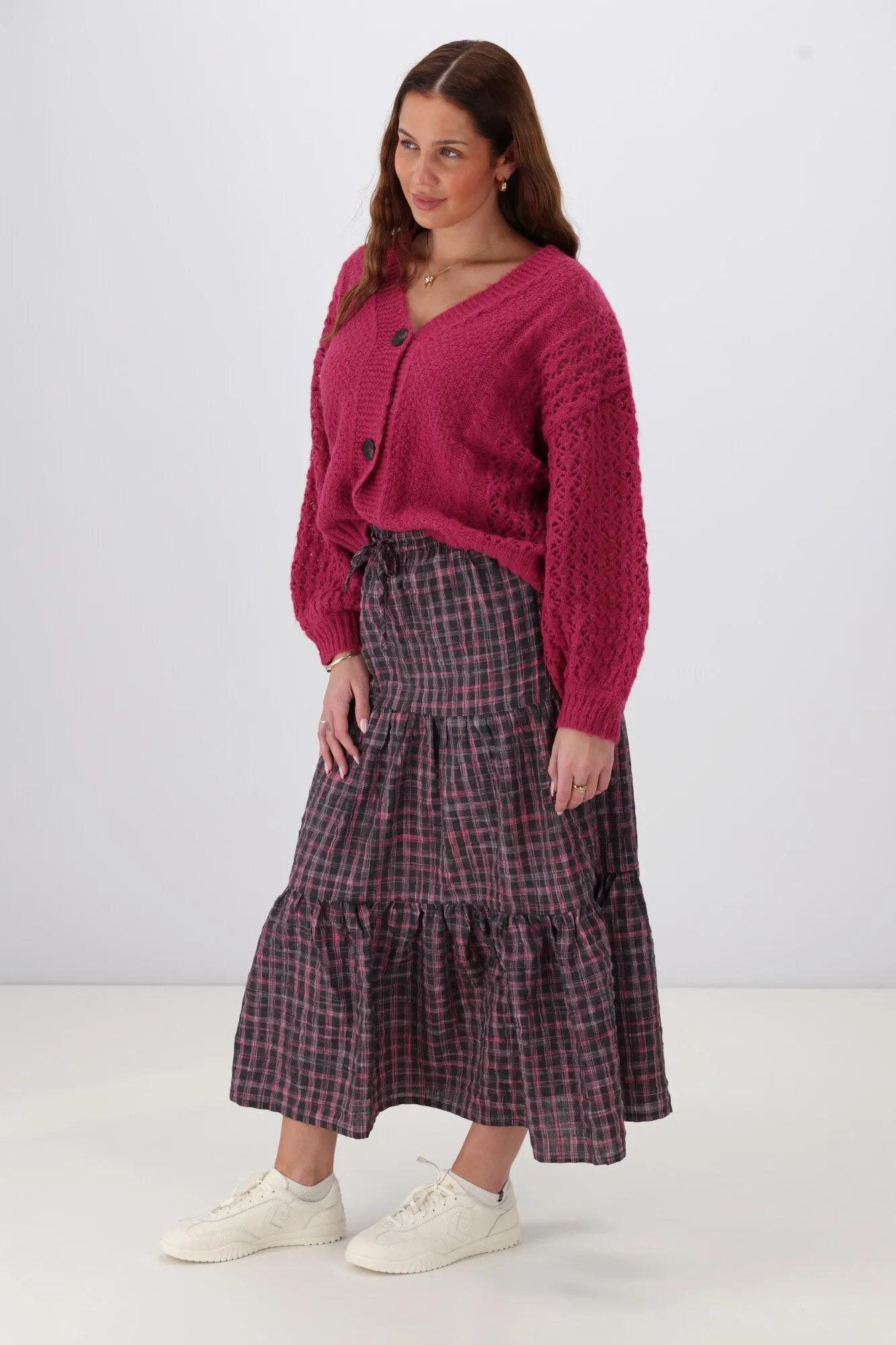 Shine On Label Roxie Tiered Maxi Skirt Black Pink Check