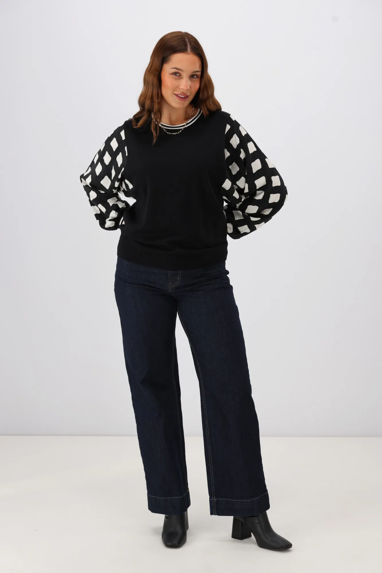Shine On Label Talina Knit Top With Woven Sleeve Black