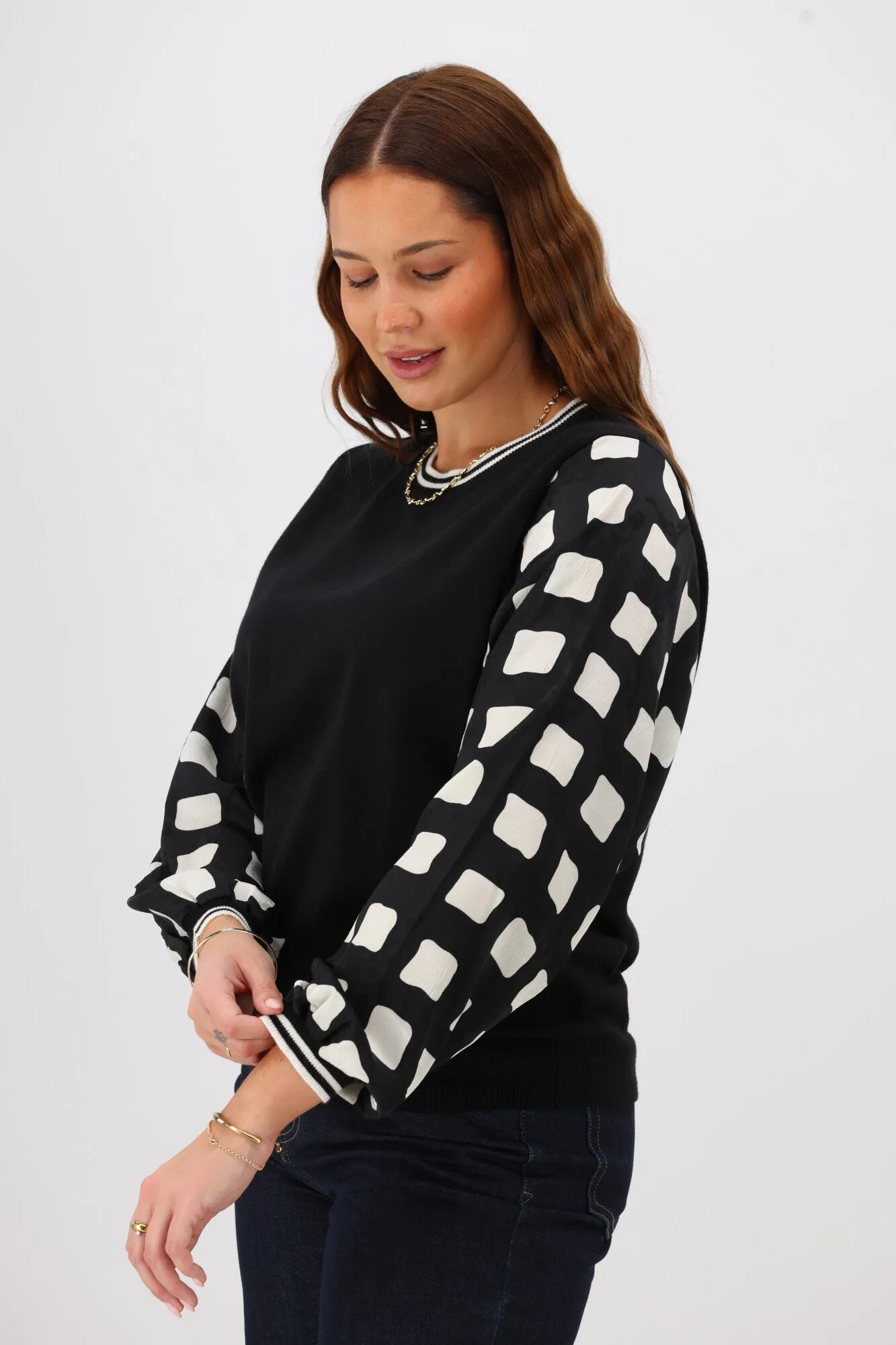 Shine On Label Talina Knit Top With Woven Sleeve Black