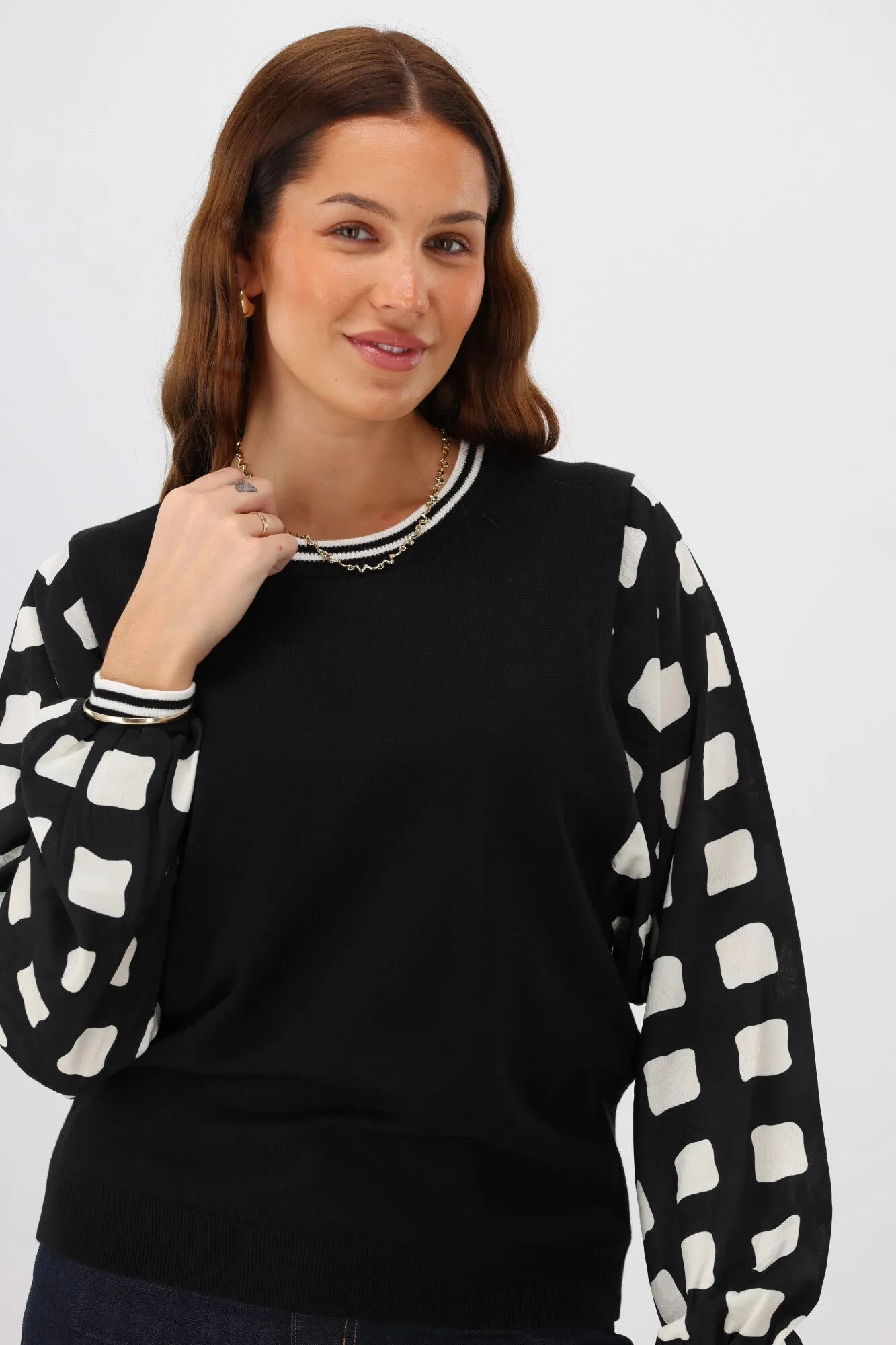 Shine On Label Talina Knit Top With Woven Sleeve Black