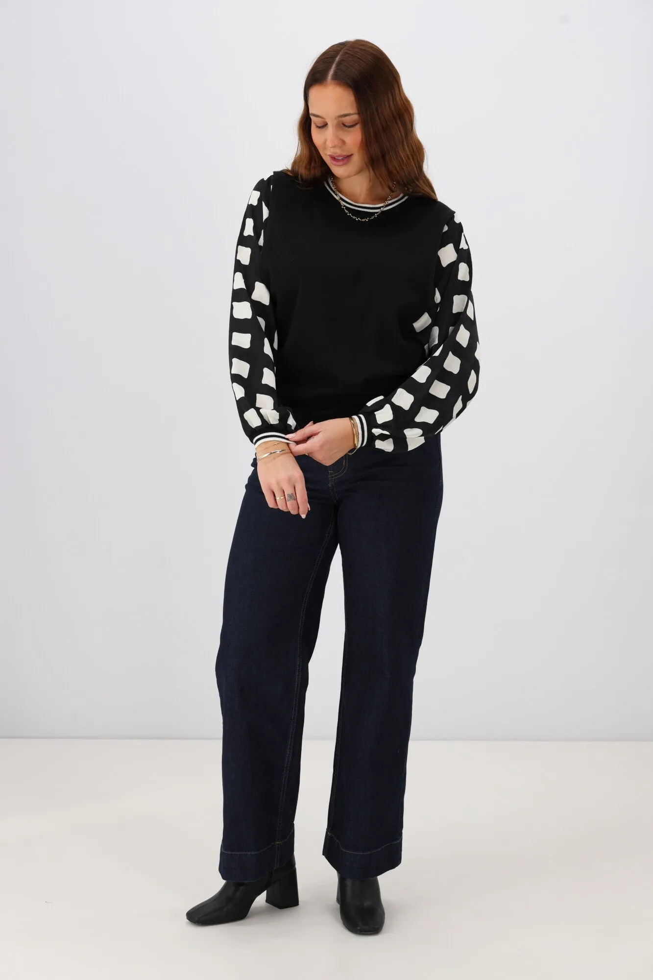 Shine On Label Talina Knit Top With Woven Sleeve Black