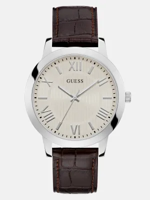 Silver-Tone and Brown Leather Analog Watch