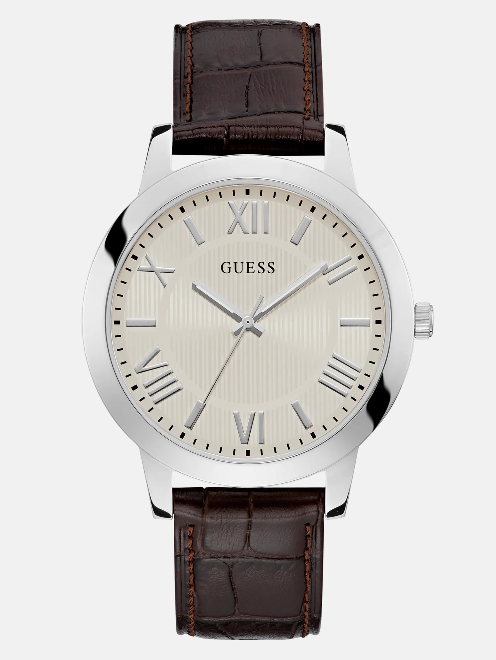 Silver-Tone and Brown Leather Analog Watch